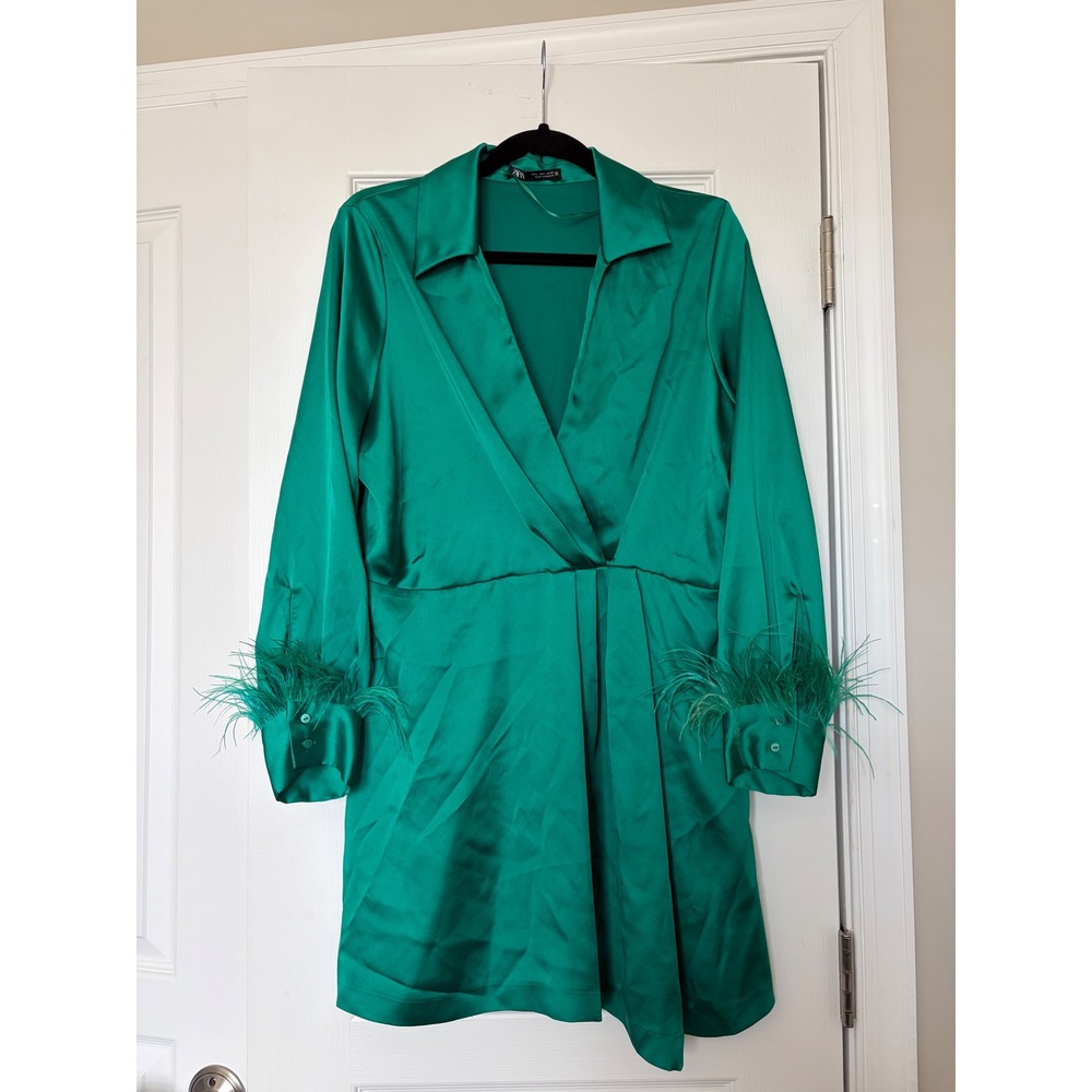 Zara Green Satin Feather‎ Trim Mini Wrap Dress Emerald Long Sleeve Large